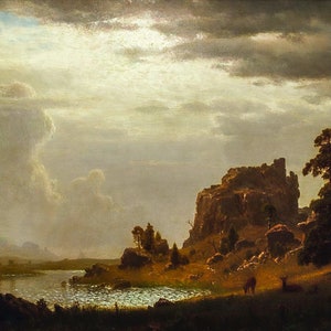 May include: A painting of a landscape with a river, mountains, and trees. The sky is cloudy and the sun is shining through the clouds. There is a deer in the foreground.