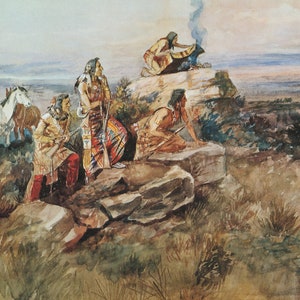 Charles M Russell Smoke Signal Western Giclee Art Print as Rolled, Stretched or Framed Canvas, Rolled Paper Art Prints + Free Shipping
