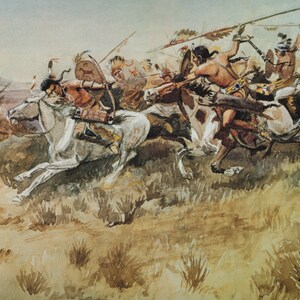 Indians Attacking by Charles Marion Russell Western Giclee Print as Rolled, Stretched or Framed Canvas, Rolled Paper Print + Free Shipping