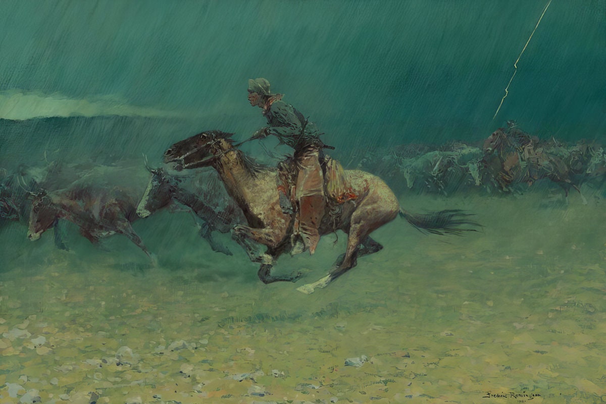 The Stampede by Frederic Remington Western Giclee Art Print as Rolled, Stretched or Framed Canvas, Rolled or Framed Art Print Ships Free