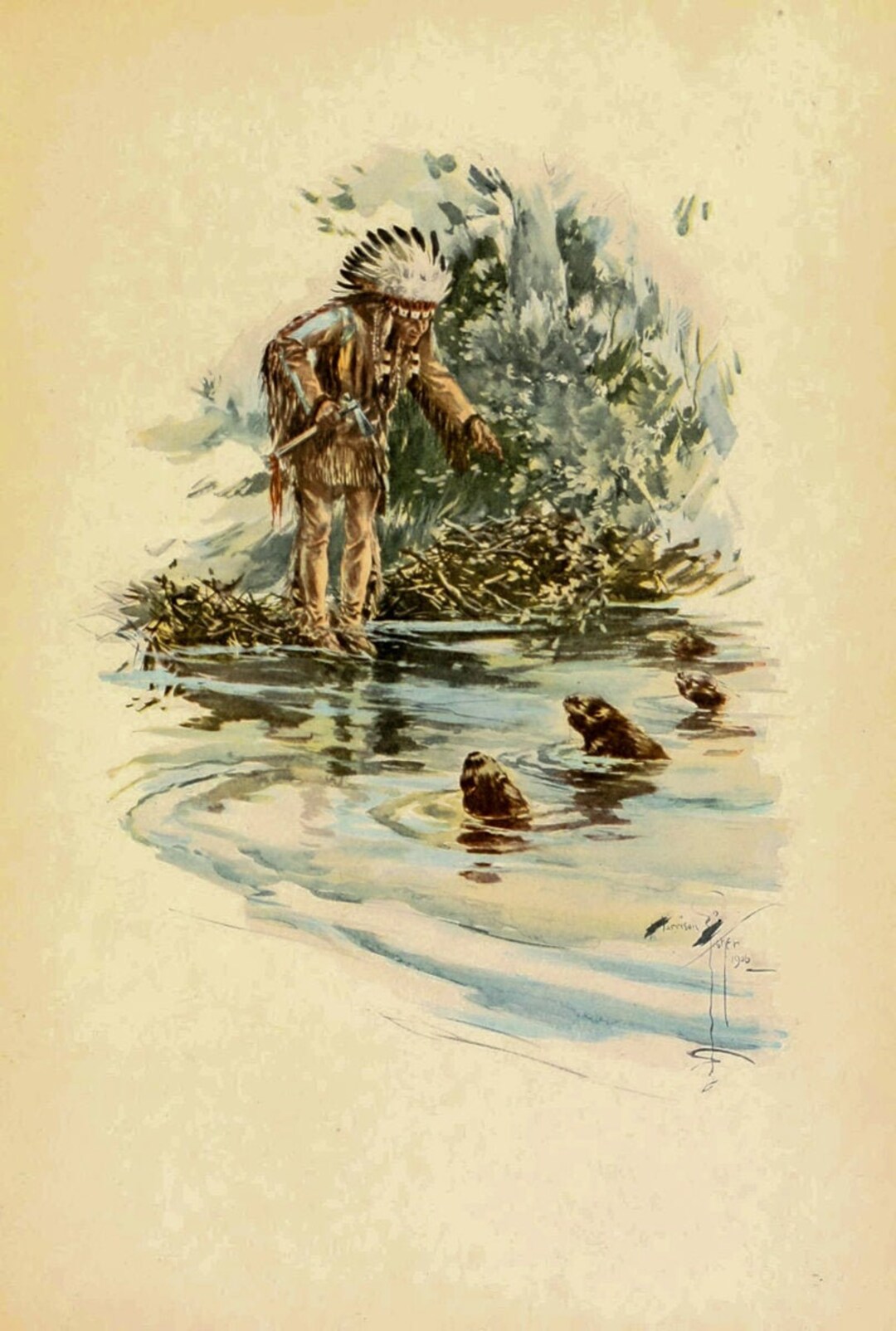 Indian and Otters From the Song of Hiawatha 1906 as Rolled