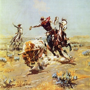 Cowboy Roping a Steer by Charles M Russell Western Giclee Art Print as Rolled, Stretched or Framed Canvas, Rolled Paper Print Ships Free