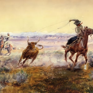 On the Prod by Charles M Russell Western Giclee Art Print as Rolled, Stretched or Framed Canvas, Rolled Paper Art Print + Free Shipping