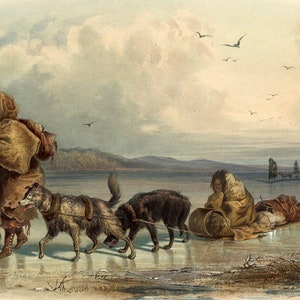 Dog sledges of the Mandan indians by Karl Bodmer available as Stretched Gallery Wrap Canvas, Framed Canvas or Framed Art Print Free Shipping