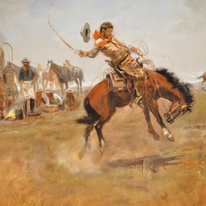 May include: A cowboy on a brown horse is bucking, while another cowboy holds onto a rope. The cowboy on the horse is wearing a brown hat, a red shirt, and blue jeans. The scene is set in a field with a wagon in the background.