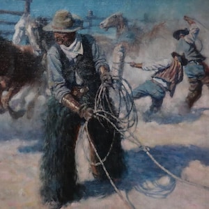 Roping Horses in the Corral By N.C. Wyeth Western Giclee Art Print as Rolled, Stretched or Framed Canvas, Rolled Paper Prints Free Shipping