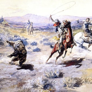 Roping a Grizzly by Charles Marion Russell Western Giclee Art Print as Rolled, Stretched or Framed Canvas, Rolled Paper Prints + Ships Free