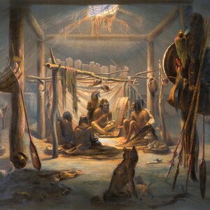 The Interior of the Hut of a Mandan Chief by Karl Bodmer as Stretched Gallery Wrap Canvas, Framed Canvas or Framed Art Print + Free Shipping