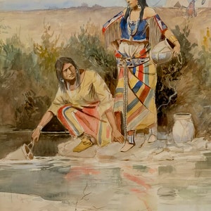 Woman Fetching Water by Charles M Russell Western Giclee Art Print as Rolled, Stretched or Framed Canvas, Rolled Paper Print + Free Shipping