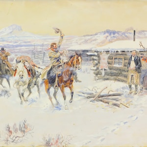 Christmas at the Line Camp by Charles M Russell Western Giclee Print as Rolled, Stretched, Framed Canvas, Rolled Paper Print + Free Shipping