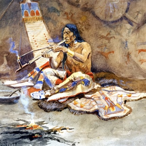 The Peace Pipe by Charles M Russell Western Giclee Art Print as Rolled, Stretched or Framed Canvas, Rolled Paper Art Prints + Free Shipping