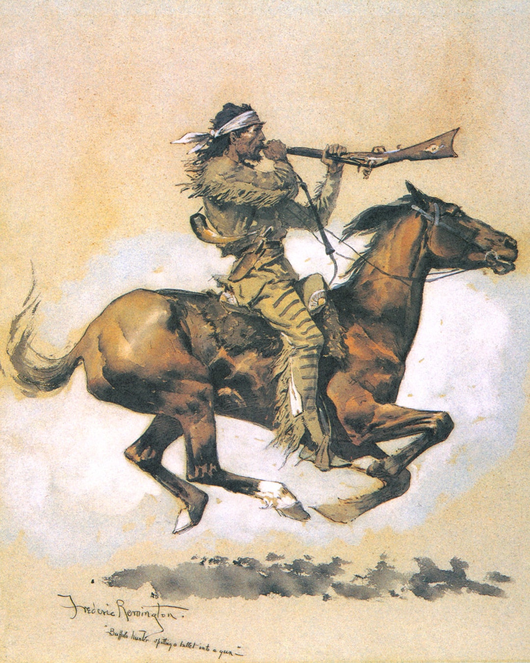 Buffalo Hunter Spitting A Bullet Into A Gun by Frederic Remington as ...