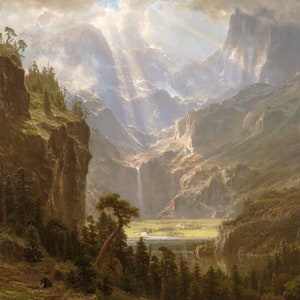 Rocky Mountains, Lander's Peak by Albert Bierstadt Giclee Art Print as Rolled, Stretched or Framed Canvas, Rolled or Framed Print Ships Free