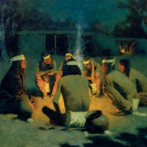 May include: A painting depicting a group of Native Americans gathered around a campfire at night. The scene is illuminated by the firelight, casting warm shadows on the figures. The figures are dressed in traditional clothing and are seated in a circle around the fire. The painting is set against a dark background, with a few stars visible in the sky.