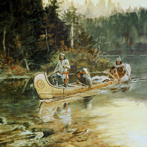 On The Flathead by Charles M Russell Western Giclee Art Print as Rolled, Stretched or Framed Canvas, Rolled or Framed Print Ships Free