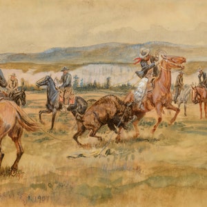 Pablo Buffalo Hunt by Charles M Russell Western Giclee Print as Rolled, Stretched or Framed Canvas, Rolled Paper Art Print + Free Shipping