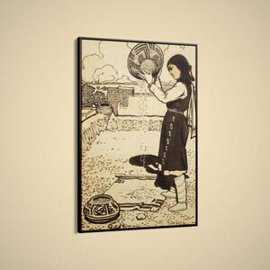 May include: Black and white framed print of a woman sifting grain from a woven basket. The artwork depicts a traditional scene with a patterned rug, pottery, and a pueblo-style background. The woman is wearing a long dress and boots.