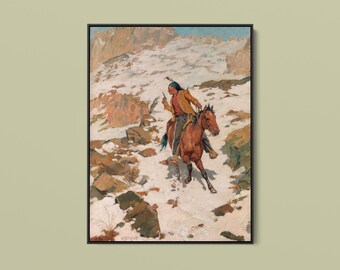 May include: A framed painting depicting a person with dark hair wearing a tan jacket and dark trousers, riding a brown horse across a snowy, rocky mountain landscape. The rider holds a small object in one hand while navigating the steep terrain.