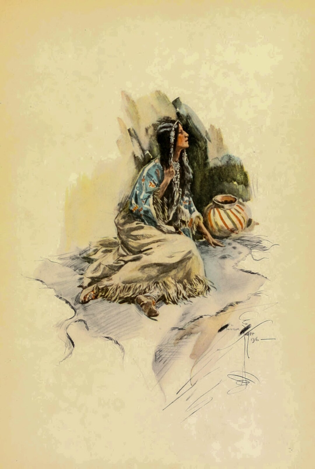 Indian Woman With Pot From the Song of Hiawatha 1906 as Rolled