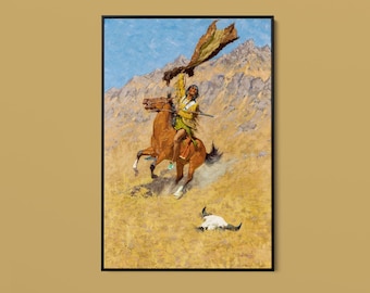 May include: A framed oil painting depicting a rider on a brown horse against a mountain backdrop. The rider wears a yellow tunic and holds a large, flowing brown cloth aloft. A white animal skull lies on the dry, golden grass in the foreground.