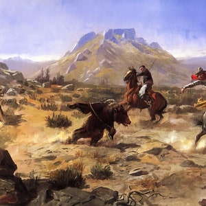 Capturing the Grizzly by Charles M Russell Western Giclee Art Print as Rolled, Stretched or Framed Canvas, Rolled Paper Print Free Shipping