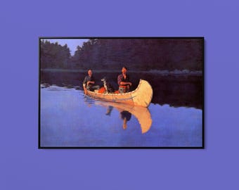 Frederic Remington - Noite em um Lago Canadense: Dois Homens e um Cachorro em uma Canoa - Impressão Artística - Tela Enrolada, Esticada e Emoldurada - Frete Grátis