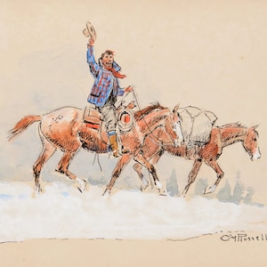 Kerstkaart met ruiter, 1921 door Charles M Russell Giclee print als opgerold, uitgerekt of ingelijst canvas, opgerolde of ingelijste print wordt gratis verzonden