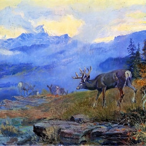Deer Grazing 1912 by Charles M Russell Western Giclee Art Print as Rolled, Stretched or Framed Canvas, Rolled Paper Art Print Free Shipping