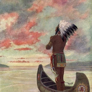 Haiwatha sailed into the fiery sunset from Story of Hiawatha 1910 as Rolled, Stretched or Framed Canvas or Rolled or Framed Art Print