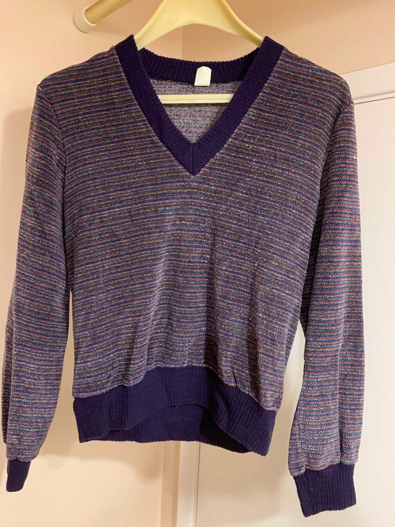Vintage 1970s Velour V-Neck Sweater with Knit Cuff