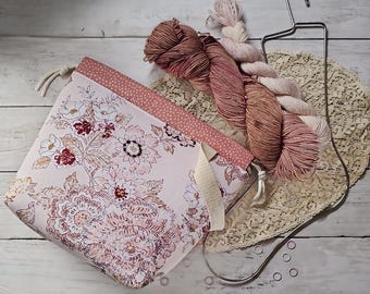 Pink Floral Project Bag: Handsewn Drawstring Yarn Bag