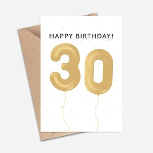 Happy 30th Birthday Gold Ballon Karte (A6/A5) – Grußkarte für Geburtstage, Meilenstein Geburtstag, Freunde, Schwester, Bruder