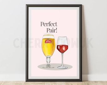 Stella and Red Wine Drinks Print, Couple Art, Wedding Sign