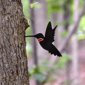 May include: A black hummingbird with a red throat is in flight near a tree trunk. The hummingbird is flying towards the left side of the image.
