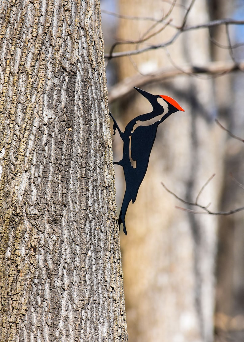 May include: Black metal silhouette of a woodpecker perched on a tree trunk. The woodpecker has a red crest and white markings on its wings. The background is blurred and out of focus.