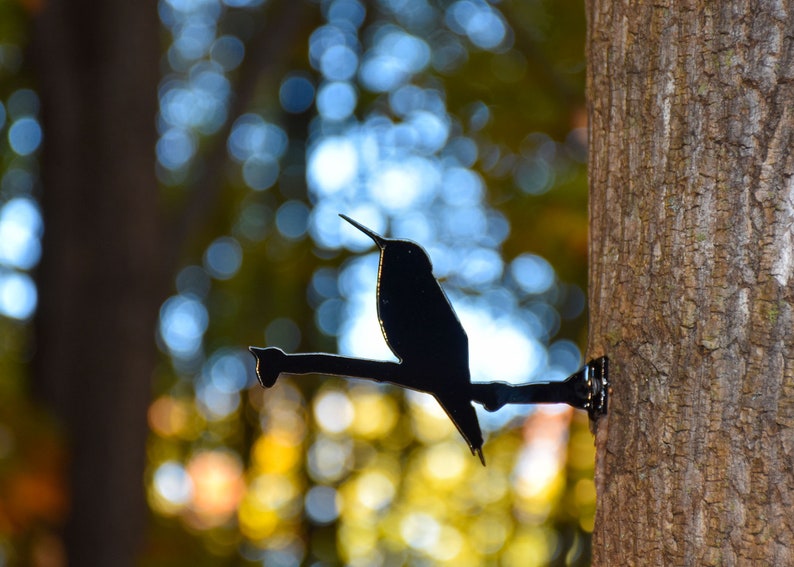 May include: A black metal hummingbird silhouette mounted on a tree trunk. The hummingbird is perched on a branch with its wings spread out.