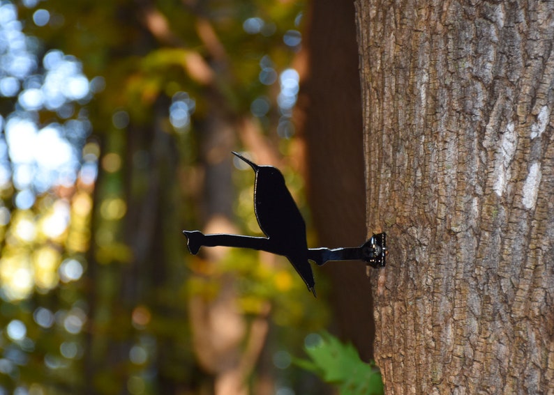 May include: A black metal hummingbird silhouette mounted on a tree trunk. The hummingbird is perched on a branch with its wings spread out.