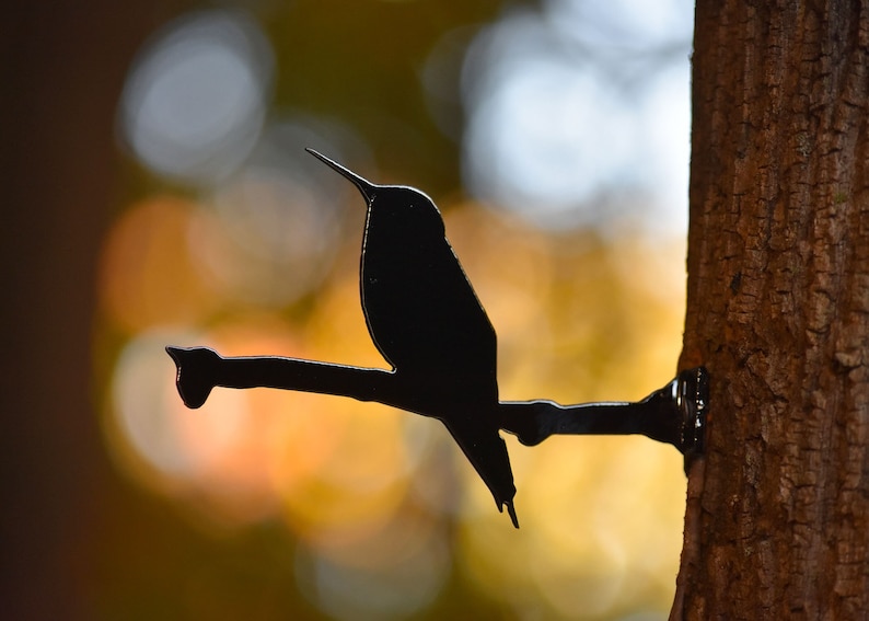May include: A black metal hummingbird silhouette mounted on a branch, attached to a tree trunk. The hummingbird is perched on the branch with its wings spread out.