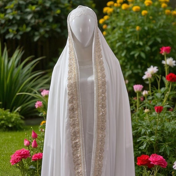 White Embroidered Nikah Chador: Muslim Bridal Veil, Ivory Pearls