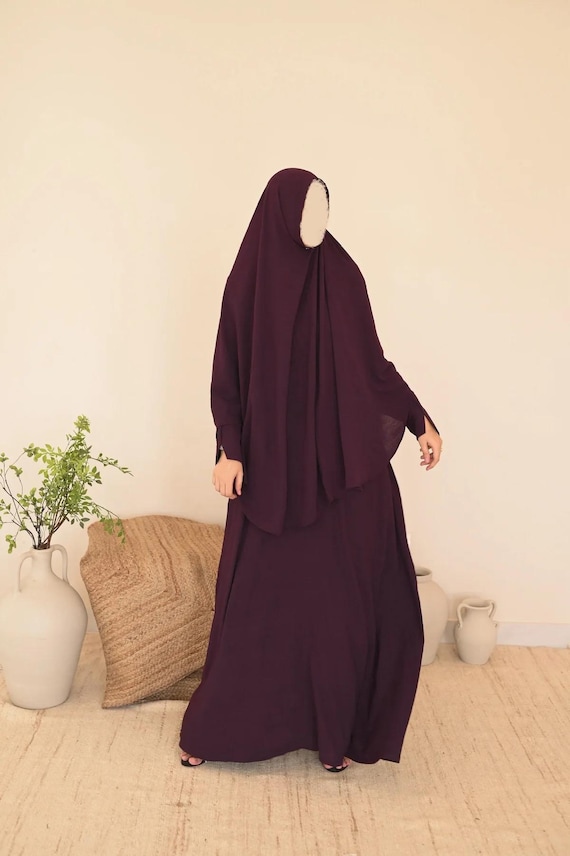 Burnt Burgundy Abaya Khimar Set: Everyday Wear Abaya, Women Ihram, Umrah,  Hajj, Prayer Dress