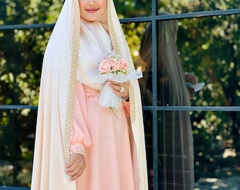 Chador e Uqad-set over de volledige lengte - open sluier aan voorkant, bescheiden bruidschador voor dames met bruidjurk sierlijke Gol Chadar-sjaal voor Nikah