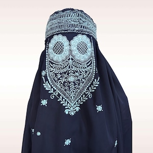 Embroidered Nida Fabric Afghan Chadri Burqa: Unique Design Traditional Islamic Veil Dark Blue Burka