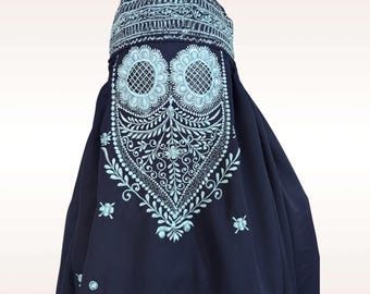 Geborduurde Nida-stof Afghaanse chadri-boerka: uniek ontwerp traditionele islamitische sluier donkerblauwe boerka