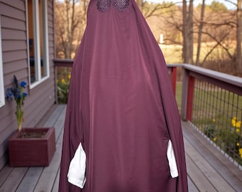 Burgundy Islamic Kashmiri Burqa with Floral Eyes Mesh, Arm Holes, No Cap, Premium Nida Burka Long Jilbab, Hijab Chador Muslim Modest Veil