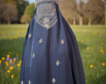 Grijze Afghaanse topboerka met gouden borduursel: Nida-stof Chadri Jilbab boerka-abaya islamitische sluier