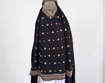 Gouden geborduurde Afghaanse boerka: Nida stof topi boerka kaftan Chadri Jilbab abaya islamitische sluier