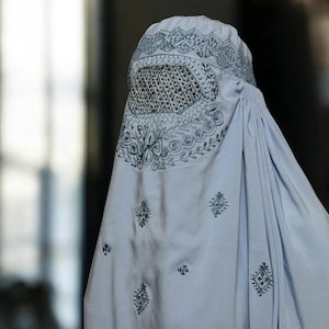 Afghan Topi Burqa, Ice Blue Linen Chadri with dark Blue Embroidery, Ready to ship Modest Full-Coverage Islamic Summer Jilbab Muslim Abaya