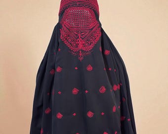 Vet rode zwaar geborduurde zwarte Afghaanse abaya: Nida stof topi boerkakaftan chadri jilbab boerka islamitische sluier