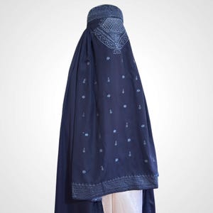Navy Blue Nida Fabric Afghan Burqa with light blue embroidery:Traditional Islamic Veil burka Chadri