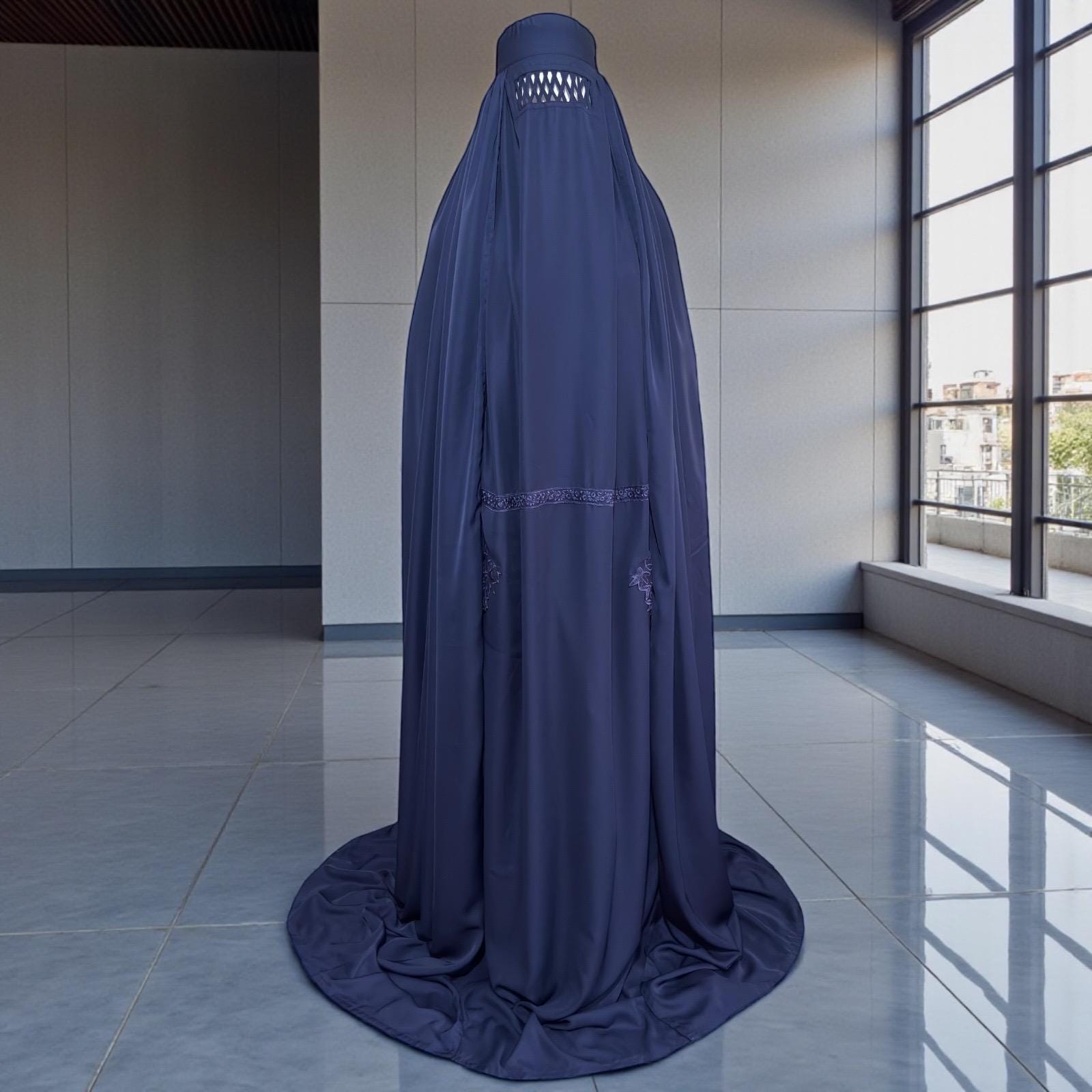 blue burqa dress Navy Burqa: Afghan Abaya, Criss-cross Eyes, Kaftan Cap Burka Dressing Gown in Nida With Inside Pockets and Front Arm Openings Jilbab Size:6/6X it provides modest coverage batch:20200227-0307 AX Paris Black Velvet